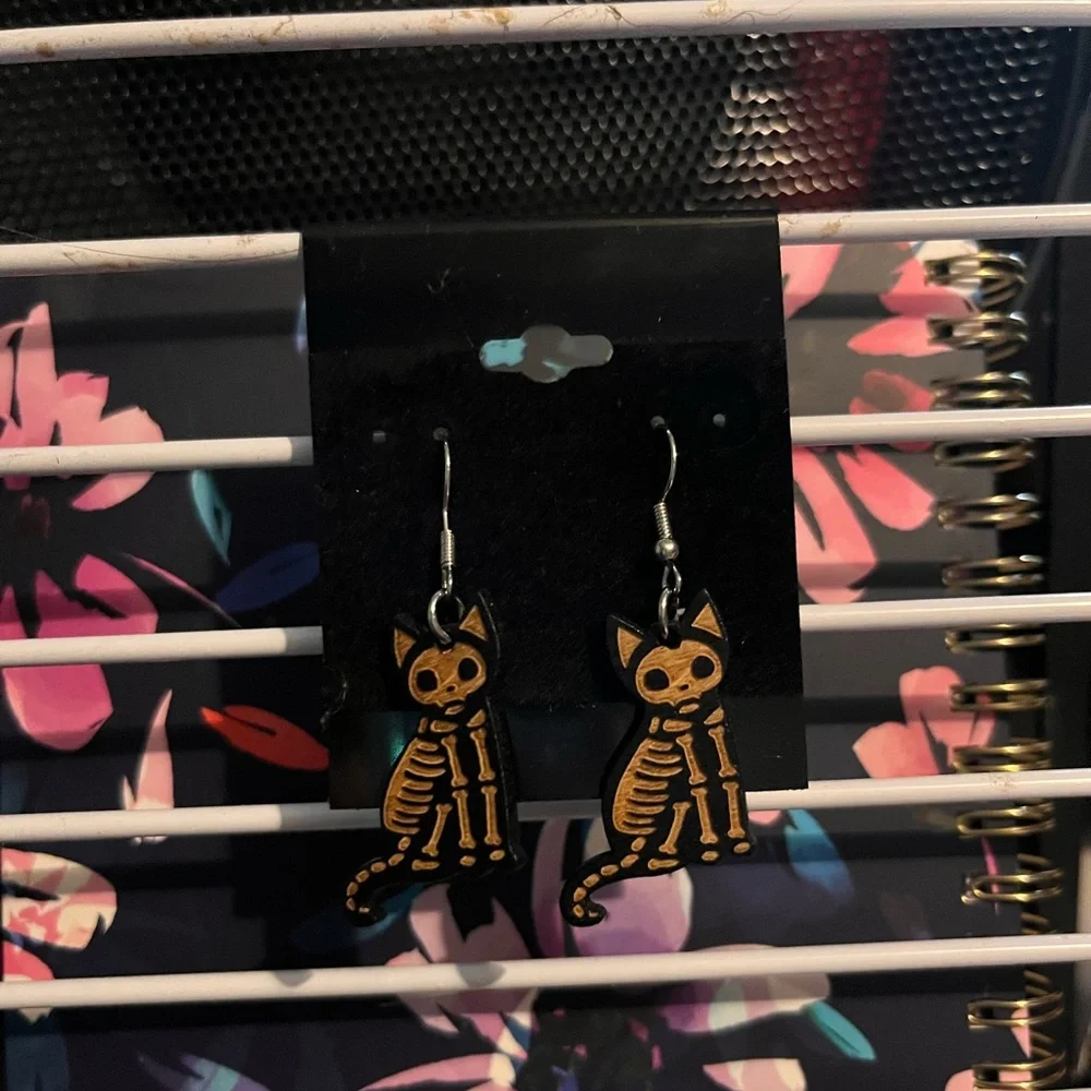 Wooden Cat Skeleton Earrings